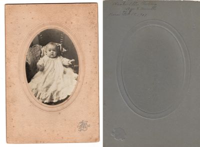 Click to view full size image
==============
Vesta Ella Phoenix
This photo mounted on board states: "Vesta Ella Phoenix, Age 8 Months, Born 18 February 1907.
The Photographers name is "Burgess", Augusta, Maine.
Vesta Ella Phoenix
This photo mounted on board states: "Vesta Ella Phoenix, Age 8 Months, Born 18 February 1907.
The Photographers name is "Burgess", Augusta, Maine.