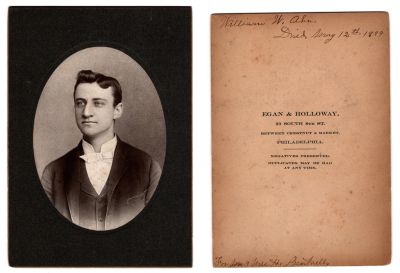 Click to view full size image
==============
William W. Ahn
This was Donated by Sue Maurer
This photo mounted on board states: "William W. Ahn, Died 12th May 1899"
The Photographers name is "Egan & Holloway, Philadelphia, Pennsylvania
William W. Ahn
This was Donated by Sue Maurer
This photo mounted on board states: "William W. Ahn, Died 12th May 1899"
The Photographers name is "Egan & Holloway, Philadelphia, Pennsylvania