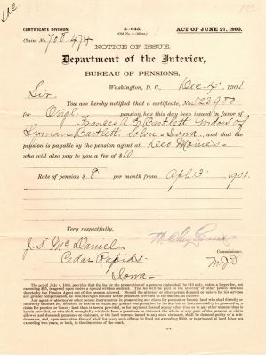 Click to view full size image
==============
Pvt. Lyman Bartlett
THIS HAS BEEN RETURNED TO FAMILY
These Pension Papers were Donated by Mary Muhlfeld
Pension Papers for Pvt. Lyman Bartlett
Pvt. Lyman Bartlett
THIS HAS BEEN RETURNED TO FAMILY
These Pension Papers were Donated by Mary Muhlfeld
Pension Papers for Pvt. Lyman Bartlett