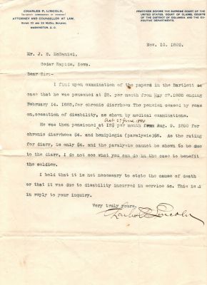 Click to view full size image
==============
Pvt. Lyman Bartlett
THIS HAS BEEN RETURNED TO FAMILY
These Pension Papers were Donated by Mary Muhlfeld
Pension Papers for Pvt. Lyman Bartlett
Pvt. Lyman Bartlett
THIS HAS BEEN RETURNED TO FAMILY
These Pension Papers were Donated by Mary Muhlfeld
Pension Papers for Pvt. Lyman Bartlett