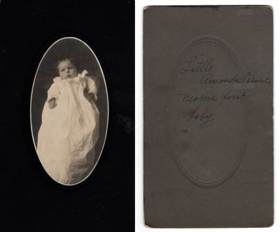 Amanda Calwhite

THIS HAS BEEN RETURNED TO FAMILY

This photo mounted on board states: "Little Amanda Calwhite, moms first baby"

The Photographers name is "Paul Van Graven", Weiser, Idaho
