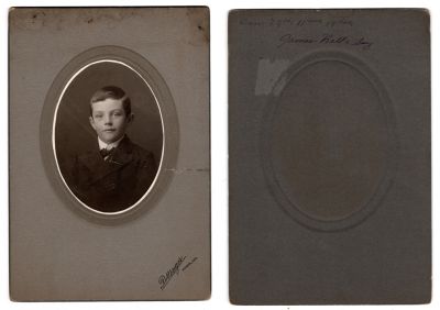 Click to view full size image
==============
Dan Hall
This photo mounted on board states: "Dan 7 Years, 11 Months, 14 Days (James Hall's Boy)"
The Photographers name is "Rottenger" Wichita, Kansas.
Dan Hall
This photo mounted on board states: "Dan 7 Years, 11 Months, 14 Days (James Hall's Boy)"
The Photographers name is "Rottenger" Wichita, Kansas.