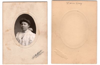 Click to view full size image
==============
Rose A. "Rosa" Haag Keuhn Zolldan Krantz
THIS HAS BEEN RETURNED TO FAMILY
This photo mounted on board states: "Rosa Haag"
The Photographers name is "Novelty Studio Co.", Detroit, Michigan
Rose A. "Rosa" Haag Keuhn Zolldan Krantz
THIS HAS BEEN RETURNED TO FAMILY
This photo mounted on board states: "Rosa Haag"
The Photographers name is "Novelty Studio Co.", Detroit, Michigan