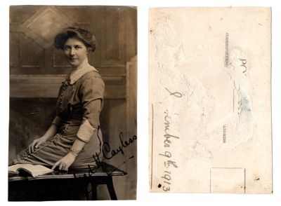 Click to view full size image
==============
Winifred Harridge Cayless
This cut Real Photo Postcard (RPPC) states: "Winifred H. Cayless, 9th September 1913"
Winifred Harridge Cayless
This cut Real Photo Postcard (RPPC) states: "Winifred H. Cayless, 9th September 1913"