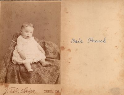 Osey Gail French

THIS HAS BEEN DONATED TO THE CLOUD COUNTY GENEALOGICAL SOCIETY

This Cabinet Card Photo states: "Osie French"

The Photographers name is "J. H. Seiger", Concordia, Kansas
