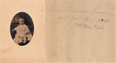 Click to view full size image
==============
James Richardson Learmont
THIS HAS BEEN RETURNED TO FAMILY
This photo mounted on board states: "James Richardson Learmont", Aged one Year, 1911. Whittier, California.
James Richardson Learmont
THIS HAS BEEN RETURNED TO FAMILY
This photo mounted on board states: "James Richardson Learmont", Aged one Year, 1911. Whittier, California.