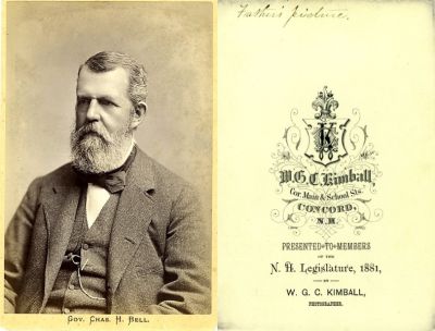 Gov. Chas. H. Bell

This was Shared by a Anonymous Donor.

 This CdV Photograph States on the front: "Gov. Chas. H. Bell"

On the Back it States: "Father's Picture"

The Photographers name is "Kimball", Concord, New Hampshire.
