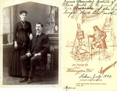 Click to view full size image
==============
Clara Gould & Unidentified
This was Shared by a Anonymous Donor.
This CdV Photograph States: "Jennie Alexander's picture of Clara Gould. To be given to Elsie Alexander if she lives longer than her mother"
Taken July 1892, 28 Years.
The Photographers name is "Cummings", Wilmington, Delaware.
Clara Gould & Unidentified
This was Shared by a Anonymous Donor.
This CdV Photograph States: "Jennie Alexander's picture of Clara Gould. To be given to Elsie Alexander if she lives longer than her mother"
Taken July 1892, 28 Years.
The Photographers name is "Cummings", Wilmington, Delaware.
