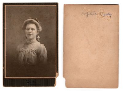 Click to view full size image
==============
Lydia Byerley
This Cabinet Card Photo states: "Lydia Byerley"
The Photographers name is "Wheatley", Du Quoin, Illinois
Lydia Byerley
This Cabinet Card Photo states: "Lydia Byerley"
The Photographers name is "Wheatley", Du Quoin, Illinois