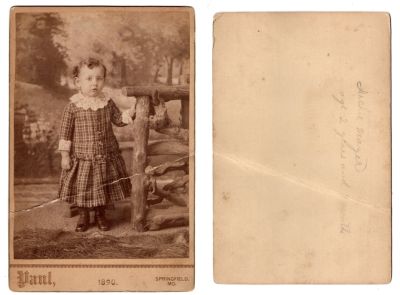 Click to view full size image
==============
Archie Mayer
This Cabinet Card Photo states: "Archie Mayer, age 2 years & ? months"
The Cabinet Card Photo was taken in 1890
The Photographers name is "Paul", Springfield, Missouri
Archie Mayer
This Cabinet Card Photo states: "Archie Mayer, age 2 years & ? months"
The Cabinet Card Photo was taken in 1890
The Photographers name is "Paul", Springfield, Missouri