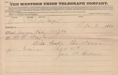 Click to view full size image
==============
Joseph Stokes Hulme
This Telegram was sent on 10 September 1884
by Joseph S. Hulme.
Joseph Stokes Hulme
This Telegram was sent on 10 September 1884
by Joseph S. Hulme.