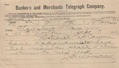 Click to view full size image
==============
James Henry Warwick
This Telegram was sent on 10 September 1884 by J. H. Warwick.
James Henry Warwick
This Telegram was sent on 10 September 1884 by J. H. Warwick.