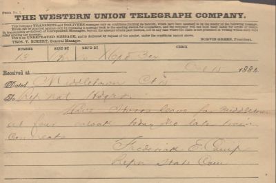 Click to view full size image
==============
Frederick E. Camp
This Telegram was sent on 15 October 1884 by Frederick E. Camp.
Frederick E. Camp
This Telegram was sent on 15 October 1884 by Frederick E. Camp.