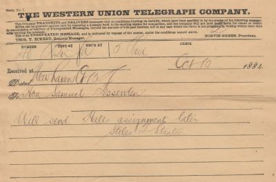 Click to view full size image
==============
Stiles Trumbull Stanton
This Telegram was sent on 10 October 1884 by Stiles T. Stanton. (Stiles Trumbull Stanton)
Stiles Trumbull Stanton
This Telegram was sent on 10 October 1884 by Stiles T. Stanton. (Stiles Trumbull Stanton)