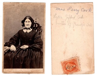 Click to view full size image
==============
Lydia Gifford Cook
This CdV Photograph states: "Mrs. Perry Cook. Lydia Gifford Cook, mother of grandpa Cook"
Lydia Gifford Cook
This CdV Photograph states: "Mrs. Perry Cook. Lydia Gifford Cook, mother of grandpa Cook"