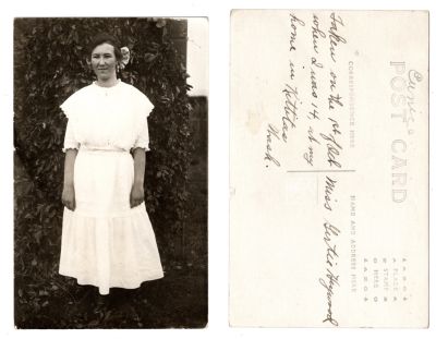 Unidentified 

This was Donated by Cheryl Webber/The Terry Girls Genealogy

This Real Photo Postcard (RPPC) states: " Eunice (written on top in pencil)

"taken on the 1st of October when I was 14, at my home in Kittitas, Washington, Miss Gertie Heywood"

NOTE: it is unclear if this is Miss Gertie Heywood or if it is Eunice. The RPPC could of been marked that it was Miss Gertie Heywood and a copy given to Eunice OR this is Eunice and this was to be sent to Miss Gertie Heywood

Further research is needed
