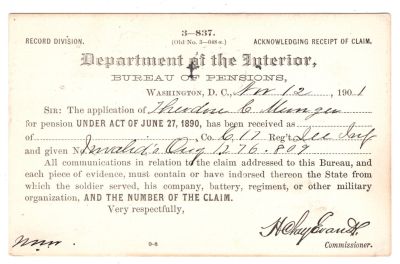 Click to view full size image
==============
Pvt. Theodore Chapin Munger
This was Donated by Mary Muhlfeld
Civil War Document for Theodore Chapin Munger
Pvt. Theodore Chapin Munger
This was Donated by Mary Muhlfeld
Civil War Document for Theodore Chapin Munger
