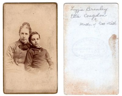 Click to view full size image
==============
Charlotte Elizebeth "Lizzie" Bromley & Georgietta "Etta" N. Congdon
THIS HAS BEEN RETURNED TO FAMILY
This CdV Photograph states: "Lizzie Bromley & Etta Congdon (mother of Geo. & Kath.)
The Photographers name is "Murry Dunham & Co.", Oakland, California
Charlotte Elizebeth "Lizzie" Bromley & Georgietta "Etta" N. Congdon
THIS HAS BEEN RETURNED TO FAMILY
This CdV Photograph states: "Lizzie Bromley & Etta Congdon (mother of Geo. & Kath.)
The Photographers name is "Murry Dunham & Co.", Oakland, California