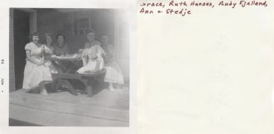 Grace, Ruth Hansen, Ruby Fjelland, Ann & Stgedje

This was Donated by Lois B. Hansen.

This photo states Grace, Ruth Hansen, Ruby Fjelland, Ann & Stedje"

Date on Photo is November 1958.

