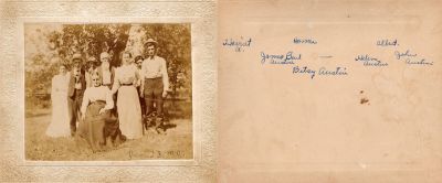 Harriet A., Homer, Albert, James Buel Austin, Helen Austin, John Austin & Betsy Austin

THIS HAS BEEN RETURNED TO FAMILY

This Cabinet Card Photo States: "Harriet A., Homer, Albert, James Buel Austin, Helen Austin, John Austin & Betsy Austin"

Cabinet Card Photo Dated 23 June 1901

