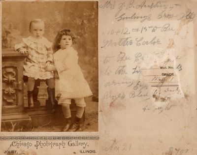 Unidentified

THIS HAS BEEN RETURNED TO FAMILY

This Cabinet Card Photo States: "Mrs. J. B. Austin, Goodings Grove, Illinois." 

NOTE: The kids are unidentified. The rest of the writing is related to ordering the photo. Then on the bottom left corner there is the date November 21.

The Photographers name is "Chicago Photograph Gallery, Joliet, Illinois.

