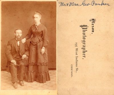 Mr. & Mrs. Geo. Parker

THIS HAS BEEN RETURNED TO FAMILY

This CdV Photograph States: "Mr. & Mrs. Geo. Parker"

The Photographers name is "Oleson", Chicago, Illinois.
