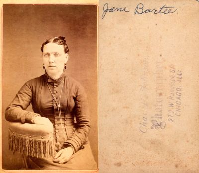 Jane Bartee

THIS HAS BEEN RETURNED TO FAMILY

This CdV Photograph States: "Jane Bartee"

The Photographers name is "Chas. F. Johnson", Chicago, Illinois.

