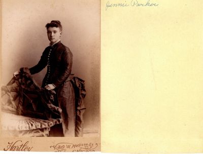 Jennie Parker

THIS HAS BEEN RETURNED TO FAMILY

This cut off Cabinet Card Photo States: "Jennie Parker"

The Photographers name is "Hartley", Chicago, Illinois.
