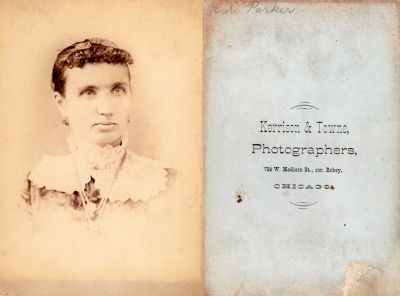 Kate Parker

THIS HAS BEEN RETURNED TO FAMILY

This Cabinet Card Photo States: "Kate Parker"

The Photographers name is "Kerrison & Towne", Chicago, Illinois.
