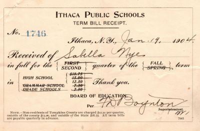 Click to view full size image
==============
Sabella D. Nye
THIS HAS BEEN RETURNED TO FAMILY
Tuition Receipt for Sabella D. Nye from Ithaca Public Schools. Date of Receipt is 19 January 1904.
Sabella D. Nye
THIS HAS BEEN RETURNED TO FAMILY
Tuition Receipt for Sabella D. Nye from Ithaca Public Schools. Date of Receipt is 19 January 1904.