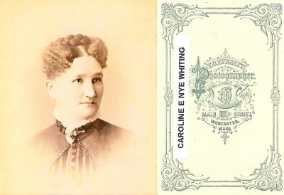 Caroline E. Nye Whiting

THIS HAS BEEN RETURNED TO FAMILY

This Cabinet Card Photo States: "Caroline E. Nye Whiting"

The Photographers name is "Everett", Worcester, Massachusetts.
