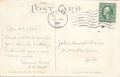 Click to view full size image
==============
John Lowell Berry Baby Book
THIS HAS BEEN RETURNED TO FAMILY
Congratulatory postcard, 2nd birthday.
John Lowell Berry Baby Book
THIS HAS BEEN RETURNED TO FAMILY
Congratulatory postcard, 2nd birthday.