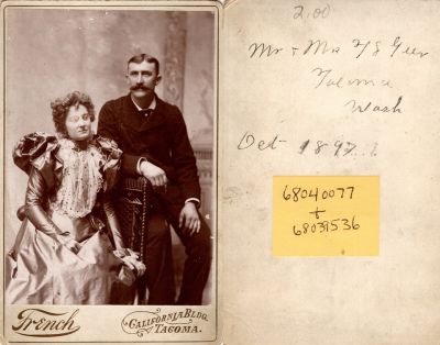 Click to view full size image
==============
Mr. & Mrs. Truman Sheldon Geer
This was Donated by Cheryl Webber.
This Cabinet Card Photo States: "Mr. & Mrs. T. S. Geer, Tacoma, Washington. October 1897"
The Photographers name is "French", Tacoma, Washington.
Mr. & Mrs. Truman Sheldon Geer
This was Donated by Cheryl Webber.
This Cabinet Card Photo States: "Mr. & Mrs. T. S. Geer, Tacoma, Washington. October 1897"
The Photographers name is "French", Tacoma, Washington.