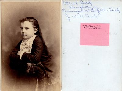 Ethel Rena Dick

This was Donated by Cheryl Webber.

This Cabinet Card Photo States: "Ethel Dick, Daughter of Emma McLaughlin Dick & J. Will Dick"
