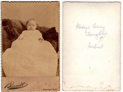 Click to view full size image
==============
Gladys Ferry
This Cabinet Card Photo States: "Gladys Ferry, daughter of Herbert"
The Photographers name is "Barritt", Hyde Park, Massachusetts.
Gladys Ferry
This Cabinet Card Photo States: "Gladys Ferry, daughter of Herbert"
The Photographers name is "Barritt", Hyde Park, Massachusetts.