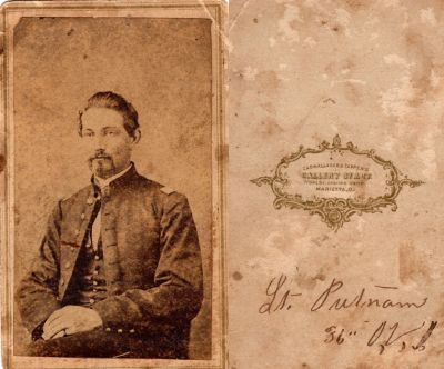 Lt. Putnam

This was Donated by a Anonymous Donor.

This CdV Photograph States: "Lt. Putnam, 36", O, V, ?"

The Photographers name is "Cadwallader & Tappen's Gallery of Art", Marietta, Ohio
