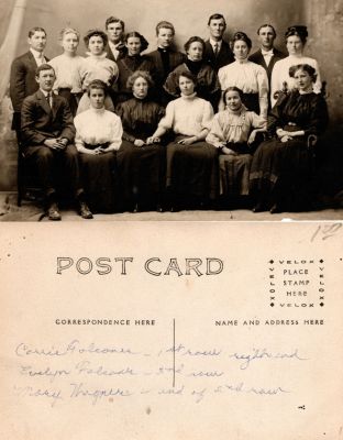 Carrie Folconer, Evelyn Folconer & Mary Wagner

THIS HAS BEEN RETURNED TO FAMILY

This was Donated by Cheryl Webber.

This Real Photo Postcard
(RPPC) States: " Carrie Folconer-1st Row right end, Evelyn Folconer, 3rd row & Mary Wagner, end of second row."


