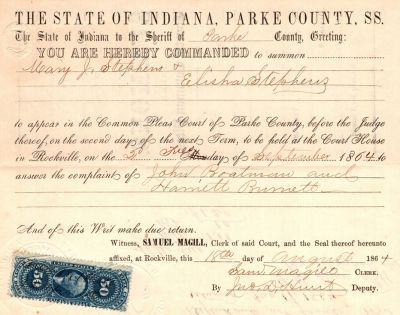 Click to view full size image
==============
John Boatman & Harriett Burnett VS. Mary J. Stephens & Elisha Stephens.
This was Donated by a Anonymous Donor.
Summons
John Boatman & Harriett Burnett
VS.
Mary J. Stephens & Elisha Stephens.
Date of Summons is 18th August 1864, Parke County, Indiana.
John Boatman & Harriett Burnett VS. Mary J. Stephens & Elisha Stephens.
This was Donated by a Anonymous Donor.
Summons
John Boatman & Harriett Burnett
VS.
Mary J. Stephens & Elisha Stephens.
Date of Summons is 18th August 1864, Parke County, Indiana.