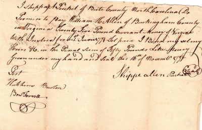 William H. Allen & Sheppyallin "Sheppy" Allen Puckett.

This was Donated by a Anonymous Donor.

This is a Loan document between William H. Allen & the Sheppyallin "Sheppy" Allen Puckett.

Date of Loan is 15 November 1774.

Sheppyallin "Sheppy" Allen Puckett.
 is of Bute County, North Carolina & William H. Allen is of Buckingham County, Virginia
