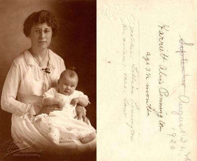 Harriett Alice Pennington

This was Donated by a anonymous donor.

This Real Photo Postcard (RPPC) States: "24 August 1920. Harriett 

Alice Pennington, age 3 1/2 months. Mother: Lillian Pennington. 

Her mother is Mrs. Law"

The Photographers name is "Mitchell", San Diego, California.
