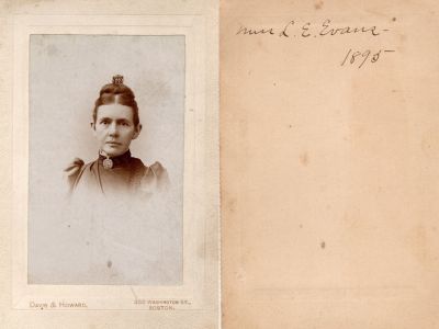 Click to view full size image
==============
Miss L. E. Evans
This was Donated by Cheryl Webber.
This photo on board states: "Miss L. E. Evans, 1895"
The Photographers name is "Davis & Howard", Boston, Massachusetts.
Miss L. E. Evans
This was Donated by Cheryl Webber.
This photo on board states: "Miss L. E. Evans, 1895"
The Photographers name is "Davis & Howard", Boston, Massachusetts.