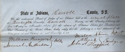 Click to view full size image
==============
Burlington, Carroll County, Indiana Presidential Election 1856
THIS HAS BEEN DONATED TO THE CARROLL COUNTY HISTORICAL SOCIETY.
This was Donated by a Anonymous Donor.
Family Treasures Found has the voting documents from the 1856 Burlington, Carroll County, Indiana Presidential Election of 1856. The documents are to large to scan. They include the tally sheet, individual sheets of voter names & other documents relating to the election.
Burlington, Carroll County, Indiana Presidential Election 1856
THIS HAS BEEN DONATED TO THE CARROLL COUNTY HISTORICAL SOCIETY.
This was Donated by a Anonymous Donor.
Family Treasures Found has the voting documents from the 1856 Burlington, Carroll County, Indiana Presidential Election of 1856. The documents are to large to scan. They include the tally sheet, individual sheets of voter names & other documents relating to the election.