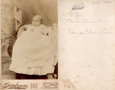 Click to view full size image
==============
Edna Edmiston
THIS HAS BEEN RETURNED TO FAMILY
This was Donated by Cheryl Webber.
This Cabinet Card Photo States: "Edna Edmiston"
The Photographers name is "Sunbeam", Los Angeles, California.
Edna Edmiston
THIS HAS BEEN RETURNED TO FAMILY
This was Donated by Cheryl Webber.
This Cabinet Card Photo States: "Edna Edmiston"
The Photographers name is "Sunbeam", Los Angeles, California.