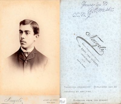 Click to view full size image
==============
A. E. Mestre
This Cabinet Card Photo States: "Yours in 1881, A. E. Mestre, C. C. N. Y."
The Photographers name is "Naegeli", New Yo
A. E. Mestre
This Cabinet Card Photo States: "Yours in 1881, A. E. Mestre, C. C. N. Y."
The Photographers name is "Naegeli", New Yo