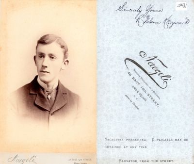 Robert Nelson Kenyon
 
This Cabinet Card Photo States: "Sincerely Yours, R. Nelson Kenyon, 1881".

The Photographers name is "Naegeli", New York.
