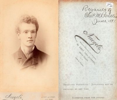 Click to view full size image
==============
Chas. M. Beattie
This Cabinet Card States: "Regards of Chas. M. Beattie, June, 1881"
The Photographers name is "Naegeli", New York.
Chas. M. Beattie
This Cabinet Card States: "Regards of Chas. M. Beattie, June, 1881"
The Photographers name is "Naegeli", New York.