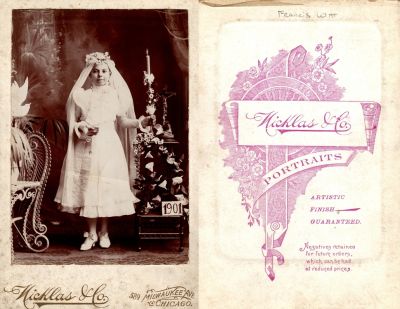 Click to view full size image
==============
Francis Witt
This Cabinet Card Photo States: "Frances Witt, 1901"
The Photographers name is "Nicklas & Co.", Chicago, Illinois
Francis Witt
This Cabinet Card Photo States: "Frances Witt, 1901"
The Photographers name is "Nicklas & Co.", Chicago, Illinois