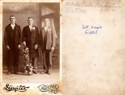 Robert L. Kemple (Middle)

This was Donated by Rita Wade.

This Cabinet Card Photo States: "Uncle Rob's Graduation Picture"

(Robt. Kemple in Middle)

The Photographer was in Preston, Minnesota.


