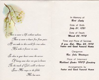 Bert A. Leedy

This Funeral Memorial was shared by Annie Palmer. The Funeral Memorial is for Bert A. Leedy. 

