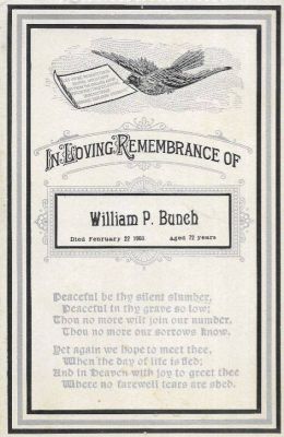 Click to view full size image
==============
William P. Bunch
Funeral Memorial Cabinet Card for William P. Bunch.
William P. Bunch
Funeral Memorial Cabinet Card for William P. Bunch.